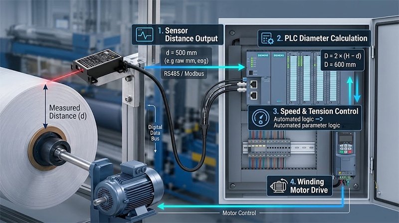 Laser distance sensor connected to a PLC for roll diameter calculation Laser distance sensor connected to a PLC for roll diameter calculation