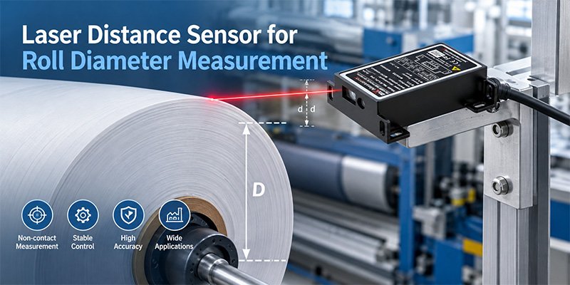 Laser distance sensor for roll diameter measurement on an industrial winding machine Laser distance sensor for roll diameter measurement on an industrial winding machine
