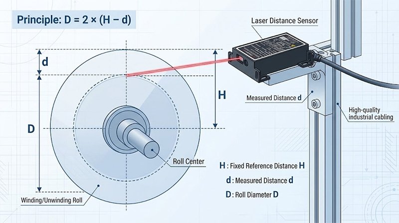Laser distance sensor measuring the changing surface distance of a winding roll to calculate roll diameter Laser distance sensor measuring the changing surface distance of a winding roll to calculate roll diameter